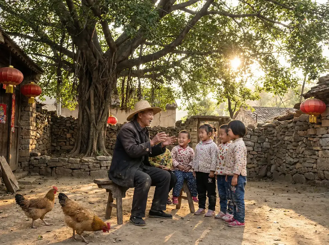 老人在大榕树下给孩子们讲故事 - 把腿张大点我就可以吃到扇贝了 乡村记忆